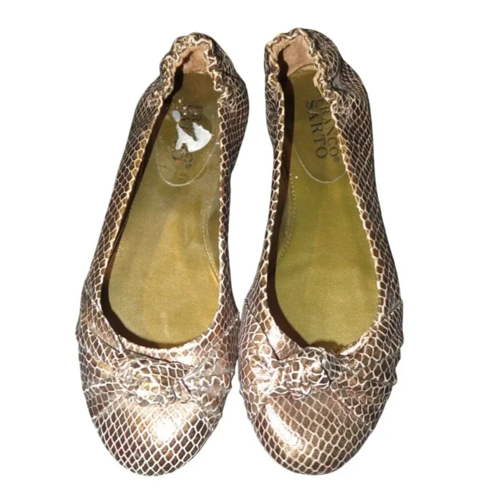 Franco Sarto Astra Brass BOA Snakeskin Metallic Italian Leather Bow Ballet Flats